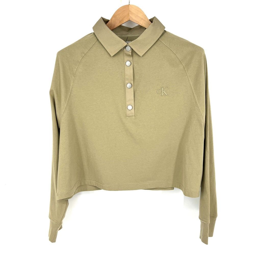 CALVIN KLEIN Polo Shirt Womens Size XL Crop Raglan Long Sleeve Beige NWT